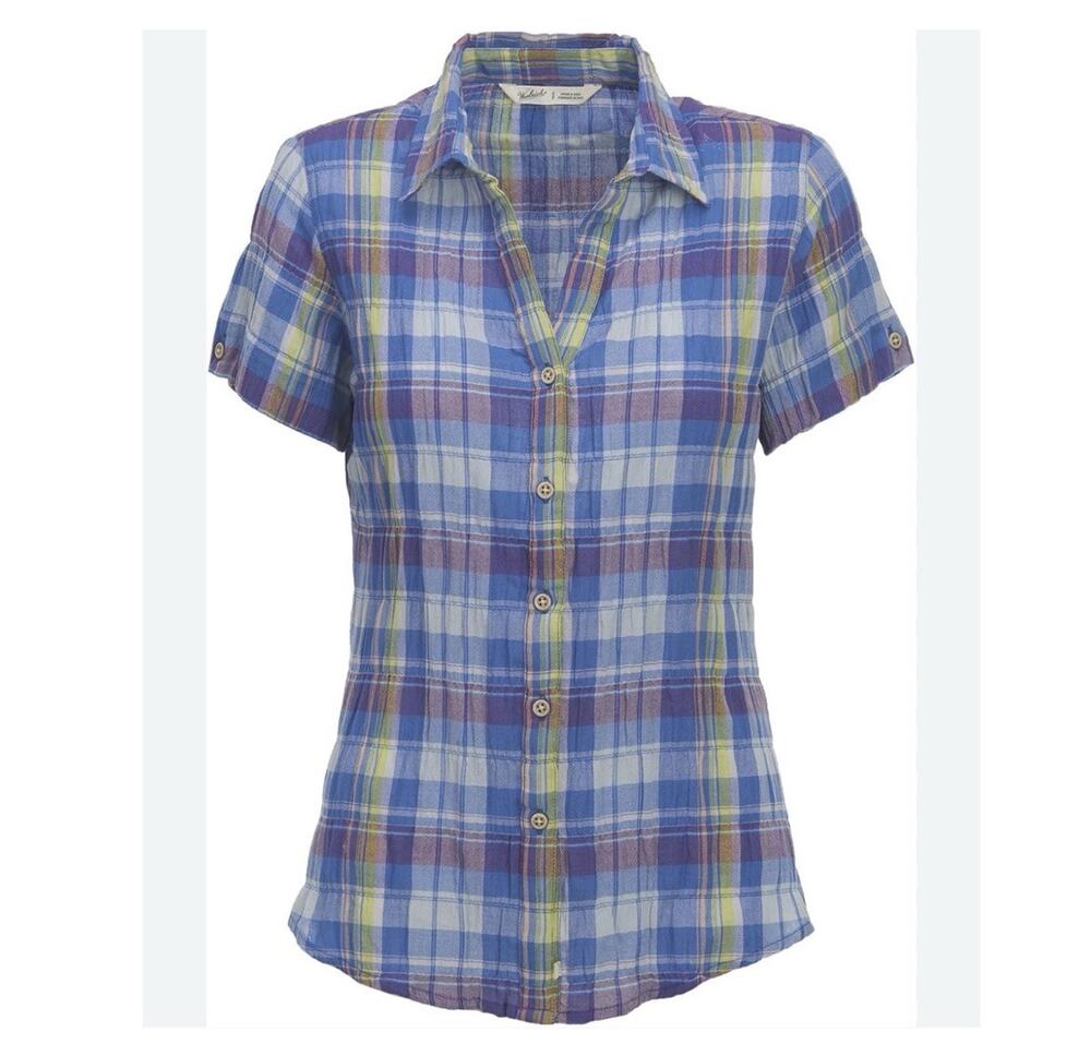 Woolrich Women's Carrabelle Plaid Short Sleeve Shirt seersucker Size M, outdoors